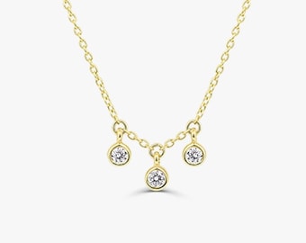 Dainty Diamond Choker Necklace / 14k Simple Gold Choker / Layering Necklace / 3 Diamond Dangling Everyday Choker, Gift for Mom