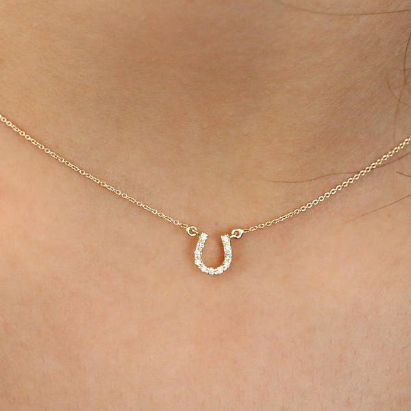Mini Diamond Horseshoe Necklace / 14k Gold Lucky Horseshoe Charm Necklace with Diamonds / Mini Horseshoe Pendant, Mothers Day Gift