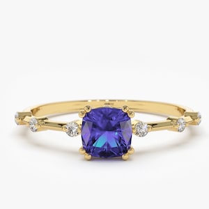 Natural Tanzanite Engagement Ring in 14k Gold / Cushion Cut Genuine Tanzanite Diamond Ring / December Birthstone / Push Present