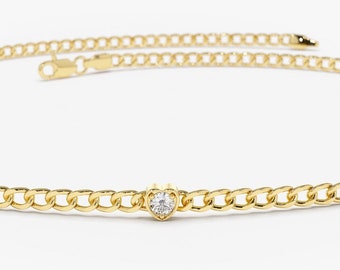 Cuban Link Chain / 14k Gold 2MM Cuban Curb Link Chain Bracelet Heart Shape Bezel with a Round Solitaire Diamonds  by Ferkos Fine jewelry