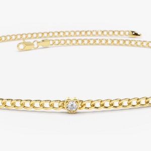 Cuban Link Chain / 14k Gold 2MM Cuban Curb Link Chain Bracelet Heart Shape Bezel with a Round Solitaire Diamonds  by Ferkos Fine jewelry