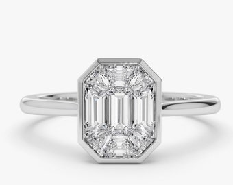 Engagement Ring / 14k Gold Emerald Cut Mosaic Solitaire Engagement Ring /  F Color VVS Clarity 1.25Ctw Look Illusion Setting Diamond Ring