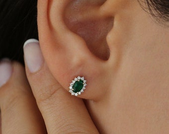 Emerald Earrings / 14k Oval Cut Emerald Earrings with Diamonds / Natural Emerald Earrings / Mini Emerald Earrings  / May Birthstone