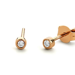 Diamond Stud Earrings - Tiny Bezel Setting Diamond Stud Earrings in 14k Gold - Single or Pair - Genuine Diamond Stud Earrings