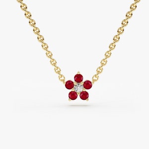 14k Ruby and Diamond Necklace for Women / 14k Gold Necklace / Diamond Cluster Necklace / Dainty  Chain Necklace / Flower Design Necklace