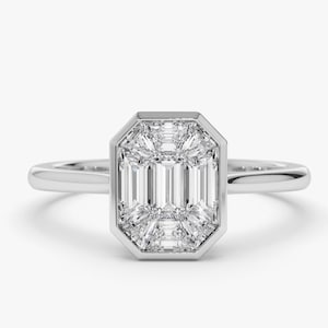 Engagement Ring / 14k Gold Emerald Cut Mosaic Solitaire Engagement Ring /  F Color VVS Clarity 1.25Ctw Look Illusion Setting Diamond Ring