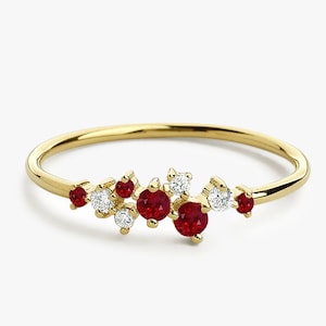 Ruby Ring / Ruby and Diamond Cluster Ring / Unique Ruby Stackable Ring / Ruby Ring Gold / Ruby Emerald Jewelry / Natural Ruby Ring 14k Gold