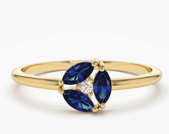 Sapphire Ring / Blue Sapphire Cluster Ring in 14k Solid Gold / Engagement Ring/ Unique Marquise Sapphire Diamond Ring / September Birthstone