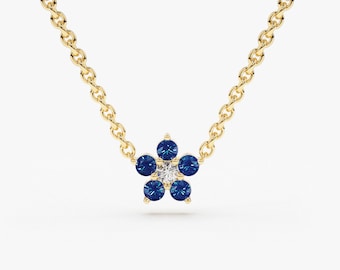 14k Sapphire and Diamond Necklace for Women / 14k Gold Necklace / Diamond Cluster Necklace / Dainty  Chain Necklace / Flower Design Necklace