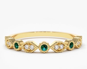 14k Gold Art Deco Emerald and Diamond Half Eternity Women Wedding Ring / Stackable Emerald Diamond Ring May Birthstone Ring