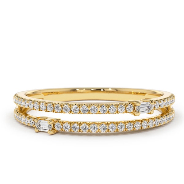 Unique Diamond Stackable Ring / 14k Gold Double Row Micro Pave Ring with Baguette Diamonds / Statement Ring by Ferkos Fine Jewelry