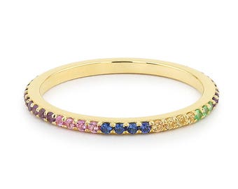 Gradient Micro Pave Rainbow Eternity Ring 14k Gold/ Amethyst, Blue Sapphire, Tsavorite, Yellow Sapphire, Orange Sapphire, Ruby Ring