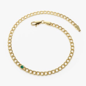 Emerald Bracelet / 14k 3MM  Gold Curb Link Chain Bracelet with Bezel Setting Solitaire Emerald / Link Bracelet May Birthstone Gift