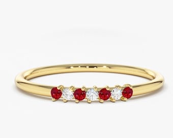 Ruby and Diamond Wedding Band in 14k Gold / Stackable Genuine Ruby Ring / July Birthstone / Rose Gold and White Gold