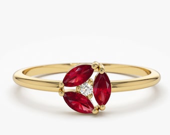 Ruby Ring / Ruby Cluster Ring in 14k Solid Gold / Engagement Ring / Unique Marquise Ruby and Diamond Ring /  July Birthstone Ring