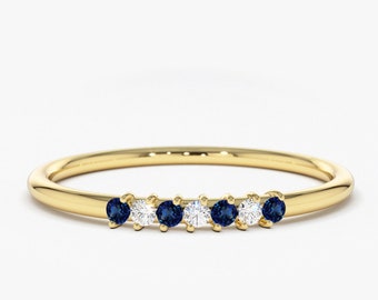 Sapphire and Diamond Wedding Band in 14k Gold / Stackable Genuine Blue Sapphire Ring / September Birthstone / Rose Gold and White Gold