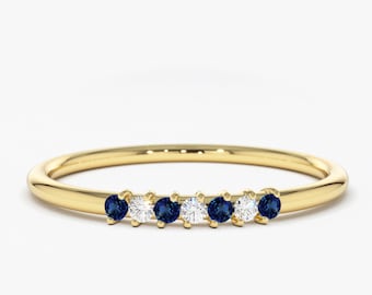 Sapphire and Diamond Wedding Band in 14k Gold / Stackable Genuine Blue Sapphire Ring / September Birthstone / Rose Gold and White Gold