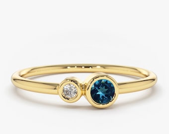 London Blue Topaz and Diamond Birthstone Ring / 14K Gold London Blue Topaz and Diamond Gift for Her / December Birthstone Ring