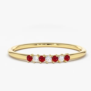 Ruby and Diamond Wedding Band in 14k Gold / Stackable Genuine Ruby Ring / July Birthstone / Rose Gold and White Gold