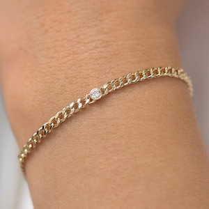 Gold Bracelet / 14k Gold Miami Curb Link Chain Bracelet with Bezel Setting Solitaire Diamond / 3MM Gold Curb Link Bracelet by Ferkos Fine