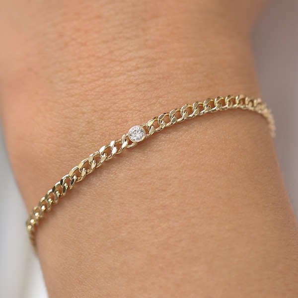 Gold Armband / 14k Gold Miami Panzerarmband mit gefasstem Solitär Diamant / 3 MM Gold Panzerarmband von Ferkos Fine