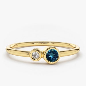 London Blue Topaz and Diamond Birthstone Ring / 14K Gold London Blue Topaz and Diamond Gift for Her / December Birthstone Ring