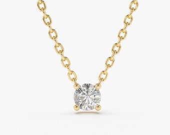 Diamond Solitaire Necklace, 0.50 - 1.00 ctw 14k Gold Four Prong Round Diamond Lab Grown Solitaire Necklace, Dainty Stacking Necklace, Noah