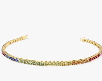 Rainbow Sapphire Bracelet / 14K  Multi-Color Sapphire Tennis Bracelet / Natural Sapphire Round Rainbow Gradient Ombre Bracelet