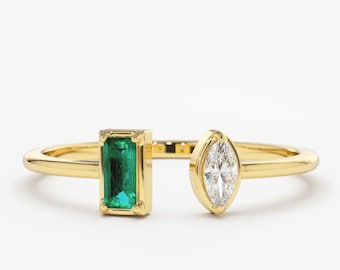 Emerald and Marquise Diamond Ring / Emerald Cuff Ring / 14k Gold Genuine Emerald Ring / Marquise Shape Diamond Ring / Open Design Ring