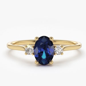Sapphire Ring /  Sapphire Engagement Ring in 14k Gold / Oval Cut 3 Stone Natural Sapphire Diamond Ring / September Birthstone / Promise Ring
