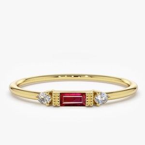 Ruby Ring / Baguette Ruby Ring / 14k Rose Gold Minimalist Ruby Ring / Stacking Three-Stone Round Diamond Ruby Ring / Promise Ring