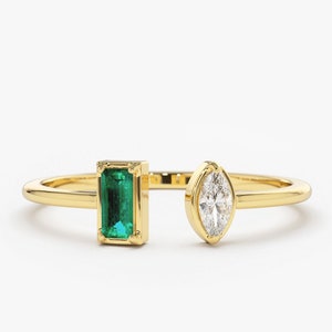 Emerald and Marquise Diamond Ring / Emerald Cuff Ring / 14k Gold Genuine Emerald Ring / Marquise Shape Diamond Ring / Open Design Ring