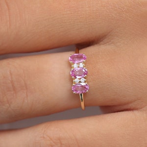 Pink Sapphire  Ring / 14k Solid Gold Natural Genuine Pink Sapphire and Diamond Ring  / Sapphire Jewelry, Birthstone Ring, Gift Idea For Grad