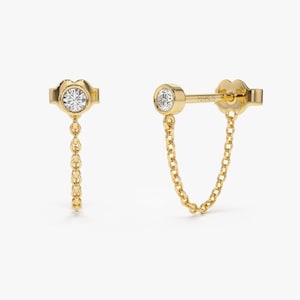 Boucles d'oreilles chaîne / Clous d'oreilles diamants sertis clos en or 14 carats / Boucles d'oreilles pendantes / Boucles d'oreilles tendance / Boucles d'oreilles diamant délicats