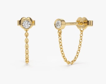 Chain earrings / 14k Gold Bezel Setting Diamond Studs Chain Earrings / Dangle Earrings / Statement Earrings / Dainty Diamond Earrings