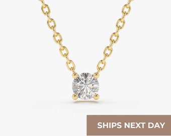 14k Gold Diamond Solitaire Necklace, Delicate Floating Pendant