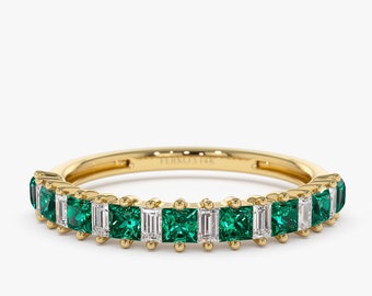Statement Ring / 14k Princess Cut Square Emerald and Baguette Diamond Ring by Ferko's Fine Jewelry / Stacking Emerald Ring / May Birthstone