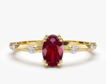 Ruby Ring / 14k Gold Dainty Diamond Genuine Ruby Ring / Petite Diamond and Ruby Ring / Half Eternity Minimal Ruby Engagement Ring