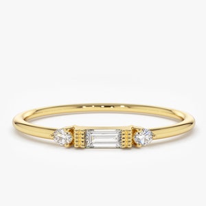 Baguette Diamond Ring / 14k Solid Gold Minimalist Engagement Ring / Stacking Three-Stone Round Diamond Baguette Wedding Ring / Promise Ring
