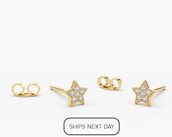 14k Gold Diamond Star Earrings, Tiny Studs
