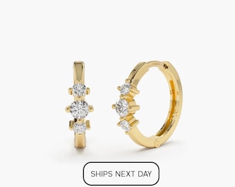 Tiny Hoop Earrings / 14k Solid Gold Three Stone Diamond Huggies / Diamond Gold Mini Hoops / Small Diamond Hoop Earrings Ferko's Fine Jewelry