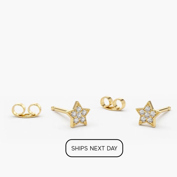 Tiny Star Earrings/ Diamond Star Earrings in 14k Solid Gold / Tiny Diamond Earrings / Tiny Stud Earrings / Diamond Studs / Mothers Day Gift