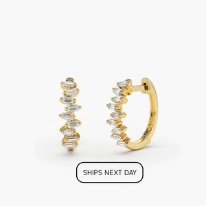 Diamond Huggie Earrings 10MM / 14k Gold Baguette Diamond Hoop Earrings / Minimalist Mini Earrings / Labor Day Gift Idea For Her