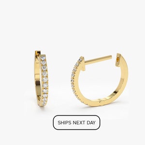 Diamond Hoop Earring / Diamond Huggies / 14k Solid Gold Huggie Earrings / Tiny Hoop Earrings / 10MM Diamond Hoop Earring / Last Minute Gift