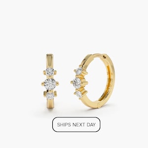 Tiny Hoop Earrings / 14k Solid Gold Three Stone Diamond Huggies / Diamond Gold Mini Hoops / Small Diamond Hoop Earrings Ferko&#39;s Fine Jewelry