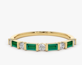 14k Solid Gold Natural Emerald Baguette and Genuine Round Diamond Stackable Womens Wedding Ring by Ferko's Fine Jewelry / Gift for Mom
