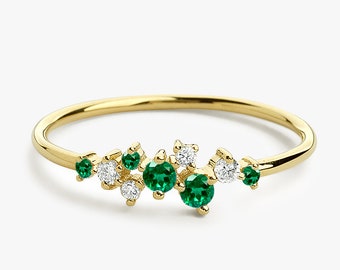 Emerald Ring / Emerald and Diamond Cluster Ring / Unique Emerald Stackable Ring / Genuine Emerald / May Birthstone, Mothers Day Gift