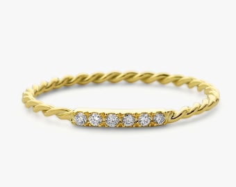 14k Gold Twisted Diamond Wedding Band / Twisted Band Ring with Diamonds / Micro Pave Ring with Twisted Gold Band / Minimalist Stacking Ring