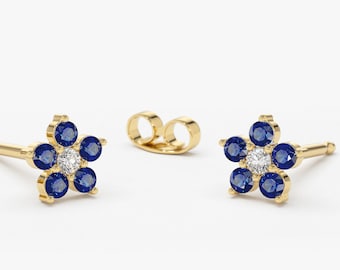 Natural Sapphire Earrings /  Diamond and Sapphire Cluster Stud Earrings in 14k Gold / Flower Design Sapphire and Diamond Earrings