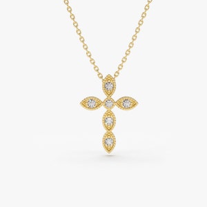Diamond Cross Necklace / 14k Gold Diamond Cross / 14k Art Deco 0.19 ctw Diamond Cross / Gold Cross / Communion Gift / Confirmation  Gift